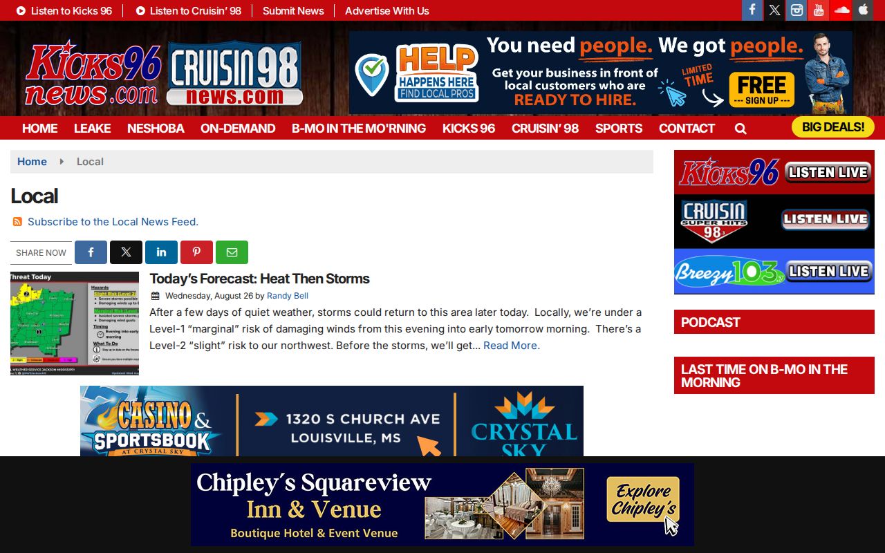 Leake County arrest-record news section from Kicks96 regional reporting