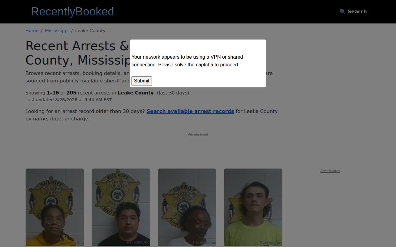 Leake County recent booking third-party source window